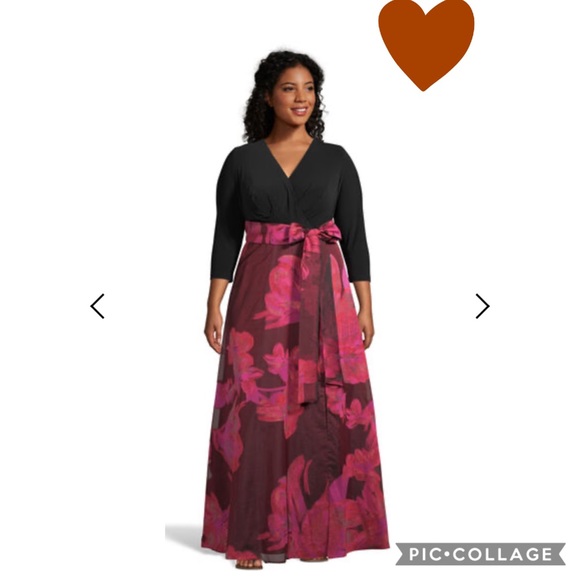 Adrianna Papell 3/4 sleeves floral organza skirt with tie waist long gown